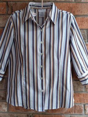 George Womens Striped Stretch Top Blouse Shirt Button Front 3/4 Sleeves Size M
